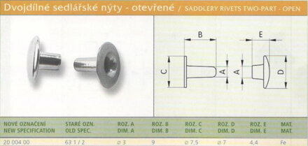 Dvoudílný nýt sedlářský otevřený (63 1/2) 3x9 mm Černý 