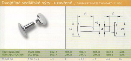 Dvoudílný nýt sedlářský uzavřený (B30 3/4) 3x9,5 mm Černý 